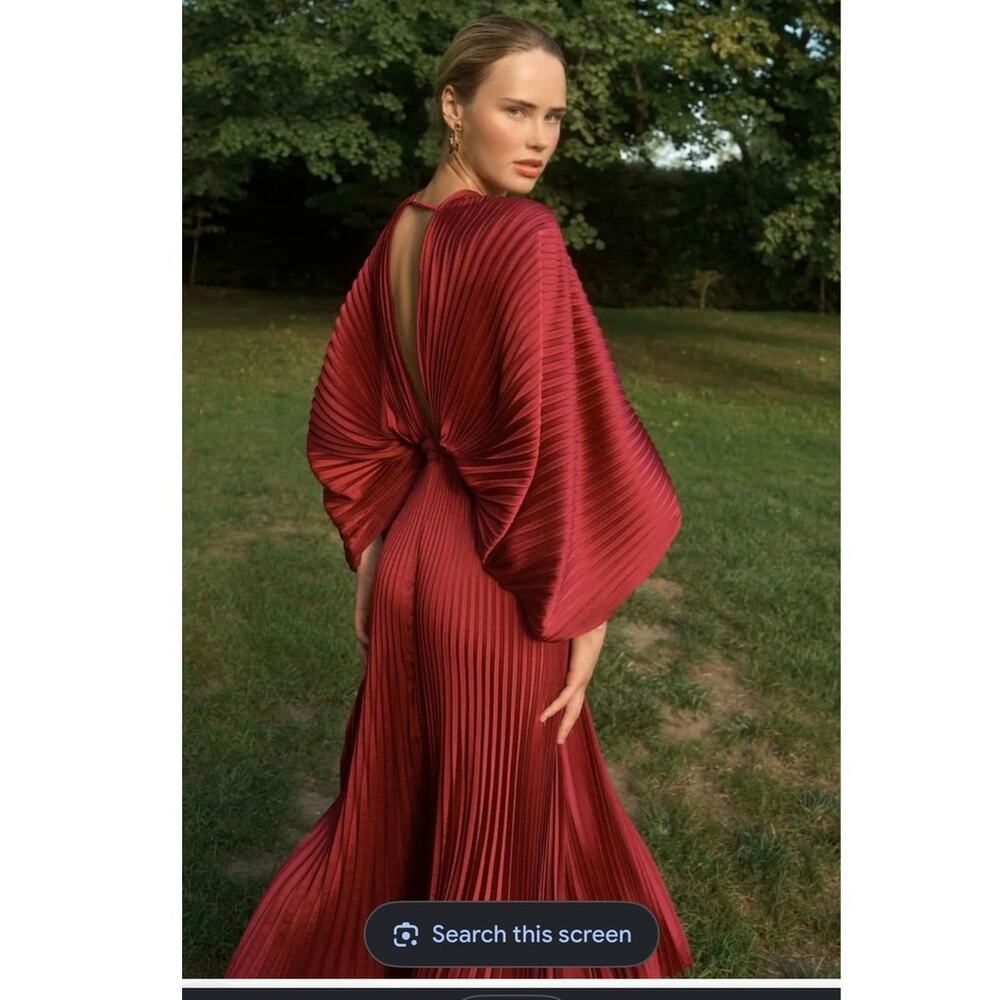 L'IDEE Wine Red Pleated Dramatic Balloon Sleeves Open Back Versailles Gown sz 8